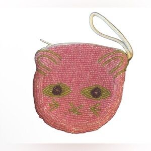 Beaded Pink Cat Face Coin Purse